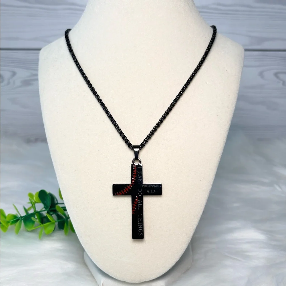 Black and‎ Red Baseball Cross Necklace